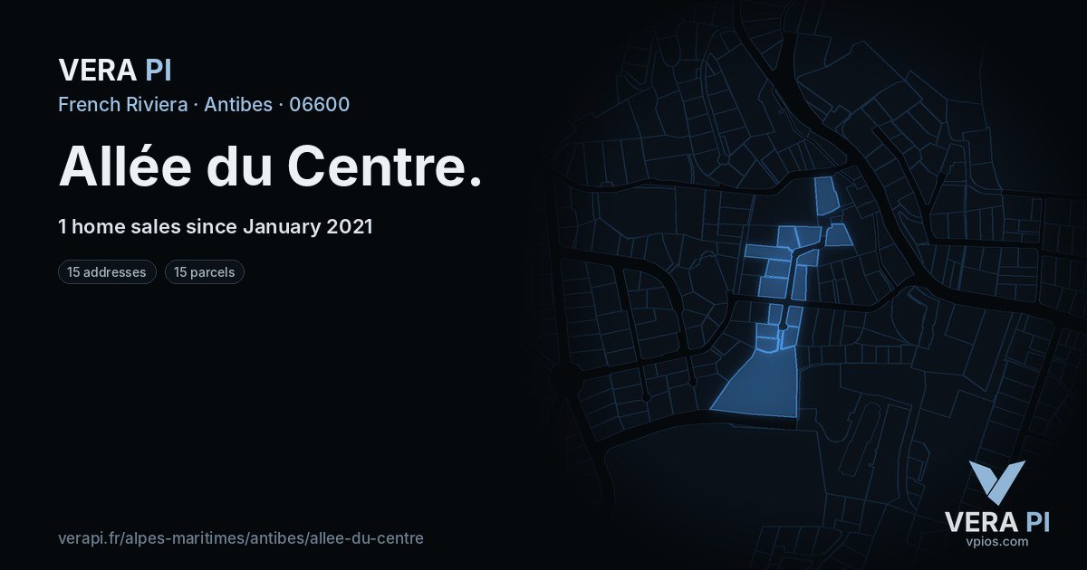 Allée du Centre, Antibes at night – every parcel coloured by the prices around it, the street's own parcels lit