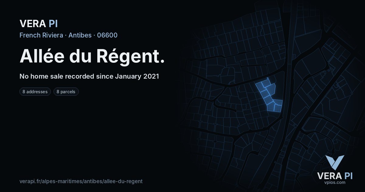 Allée du Régent, Antibes at night – every parcel coloured by the prices around it, the street's own parcels lit