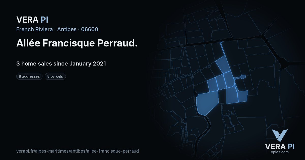 Allée Francisque Perraud, Antibes at night – every parcel coloured by the prices around it, the street's own parcels lit