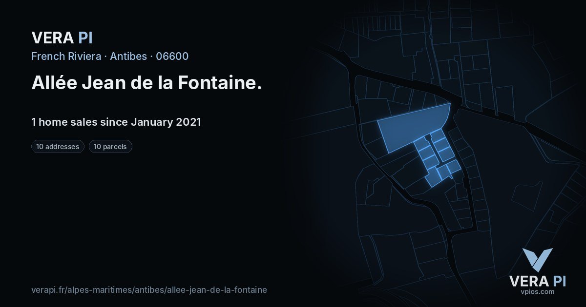 Allée Jean de la Fontaine, Antibes at night – every parcel coloured by the prices around it, the street's own parcels lit