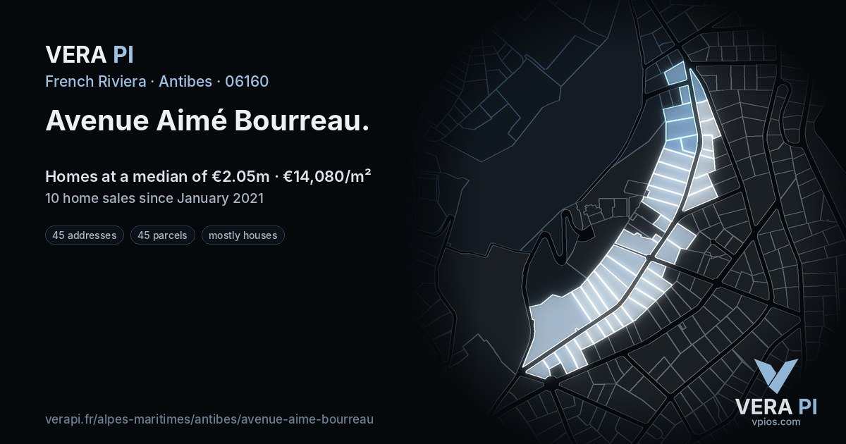 Avenue Aimé Bourreau, Antibes at night – every parcel coloured by the prices around it, the street's own parcels lit