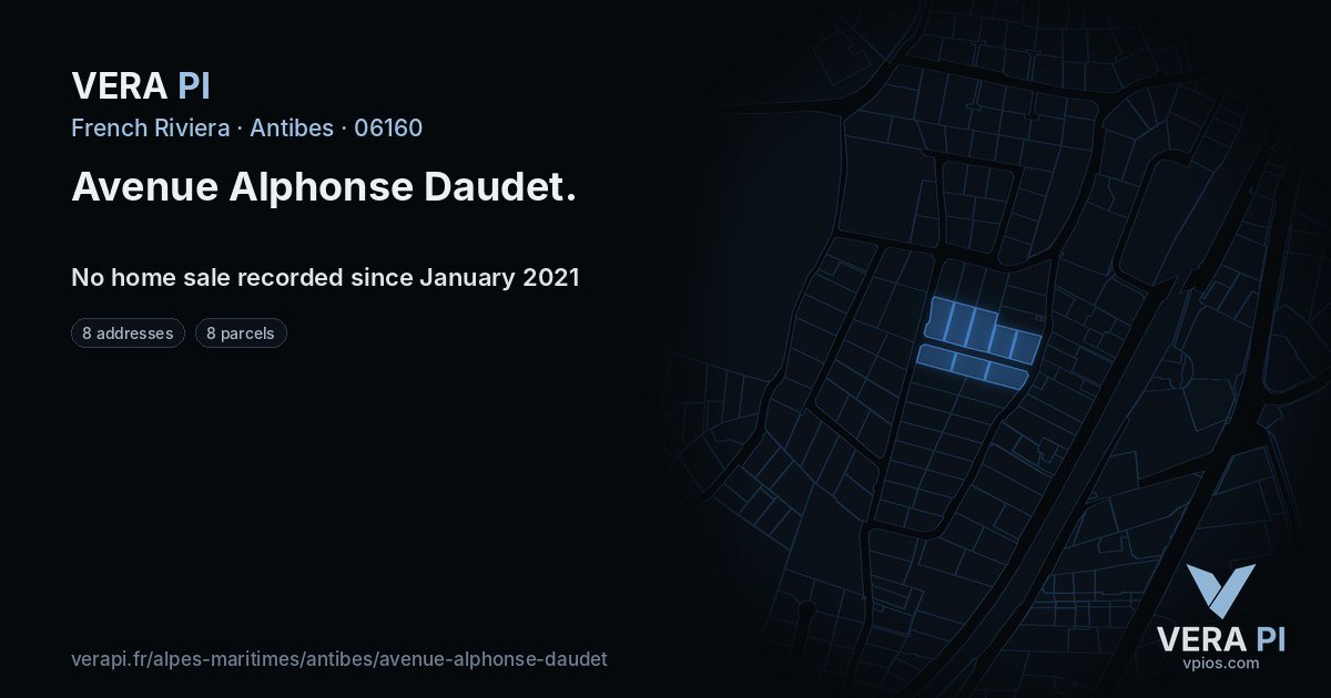 Avenue Alphonse Daudet, Antibes at night – every parcel coloured by the prices around it, the street's own parcels lit
