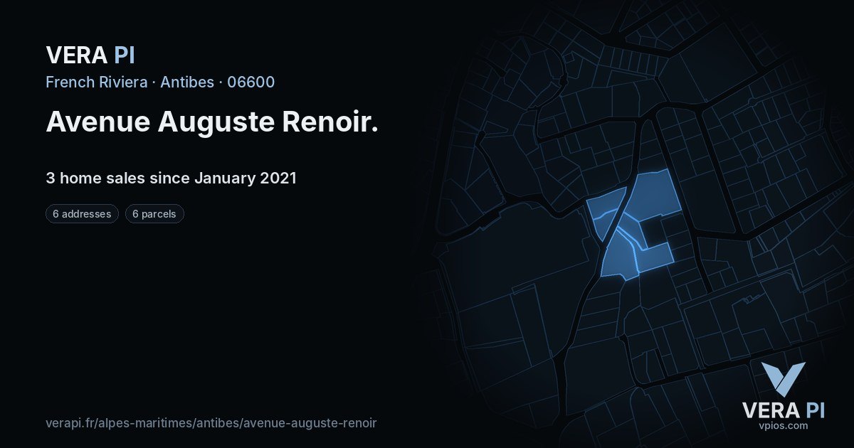 Avenue Auguste Renoir, Antibes at night – every parcel coloured by the prices around it, the street's own parcels lit