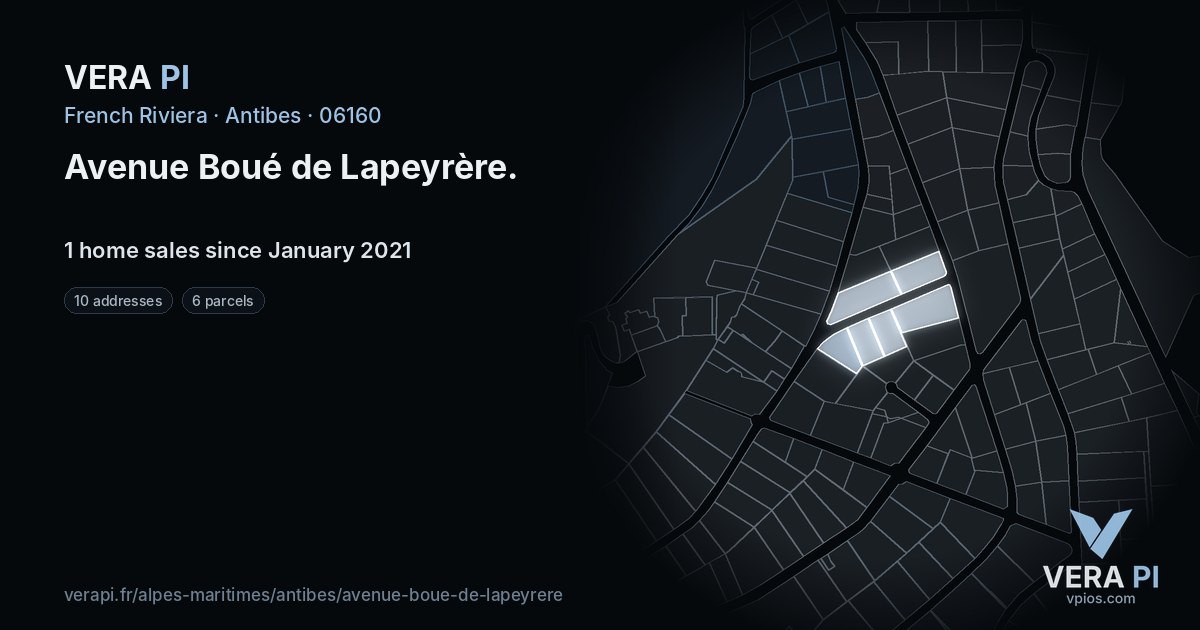 Avenue Boué de Lapeyrère, Antibes at night – every parcel coloured by the prices around it, the street's own parcels lit