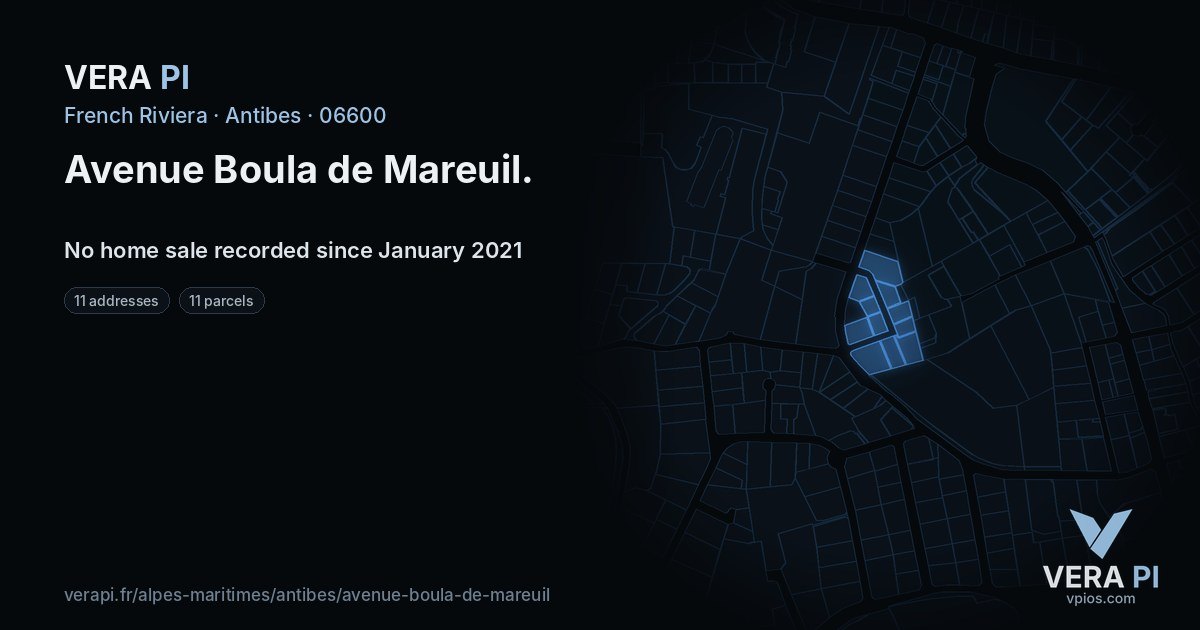 Avenue Boula de Mareuil, Antibes at night – every parcel coloured by the prices around it, the street's own parcels lit