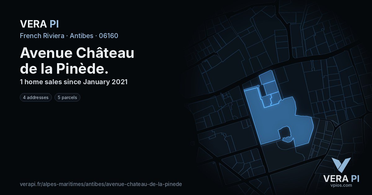 Avenue Château de la Pinède, Antibes at night – every parcel coloured by the prices around it, the street's own parcels lit