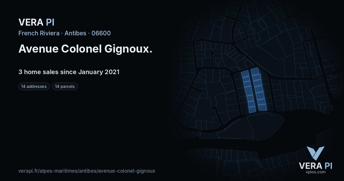 Avenue Colonel Gignoux, Antibes at night – every parcel coloured by the prices around it, the street's own parcels lit