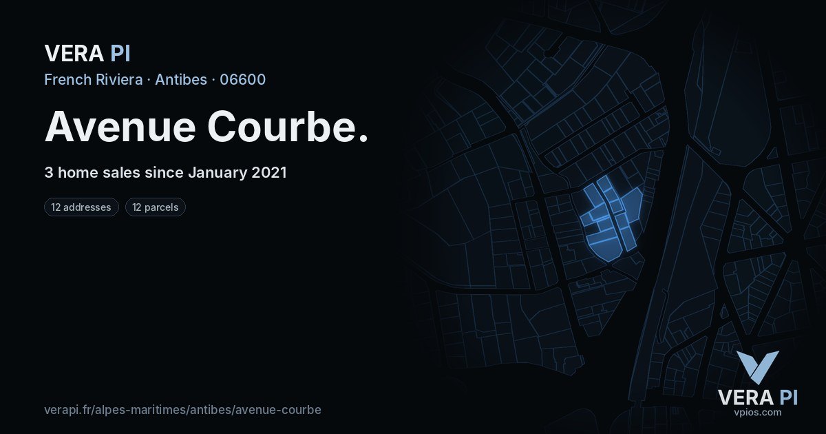 Avenue Courbe, Antibes at night – every parcel coloured by the prices around it, the street's own parcels lit