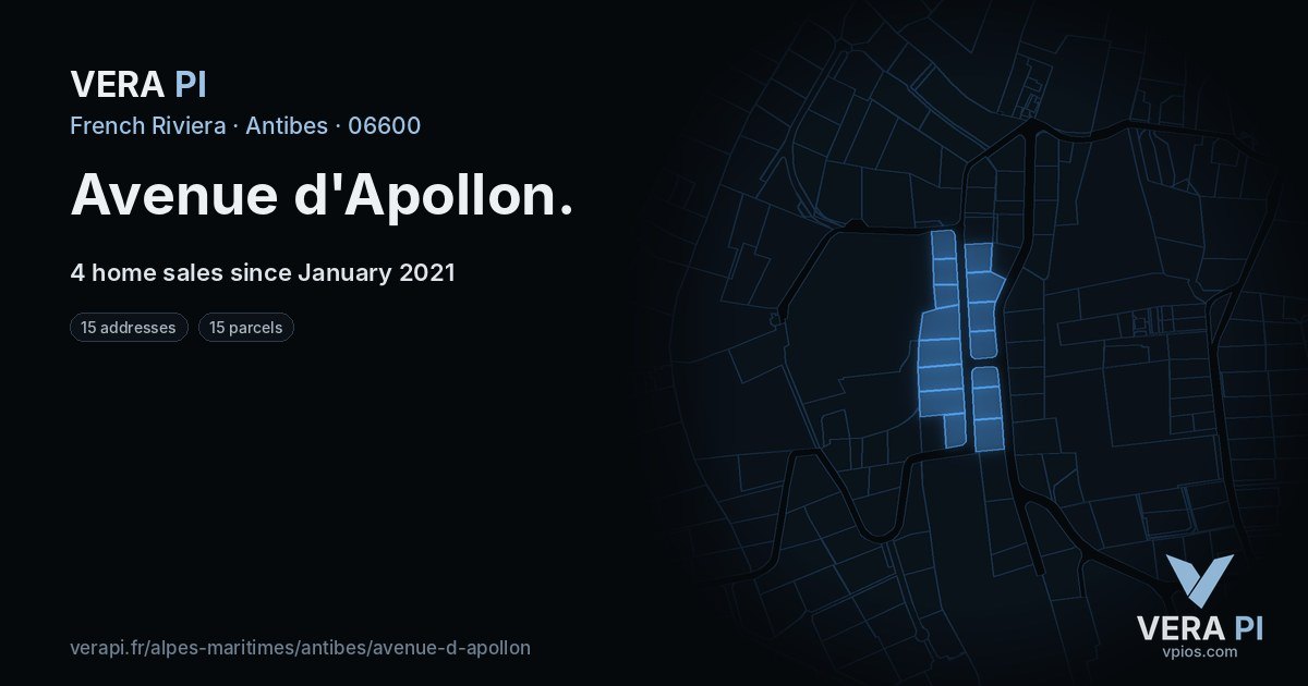 Avenue d'Apollon, Antibes at night – every parcel coloured by the prices around it, the street's own parcels lit