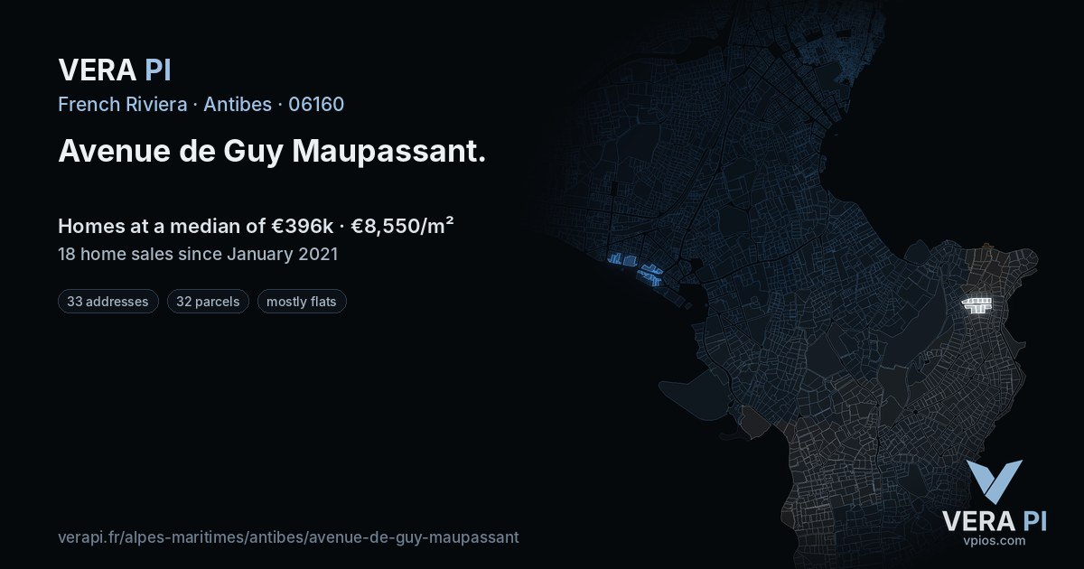 Avenue de Guy Maupassant, Antibes at night – every parcel coloured by the prices around it, the street's own parcels lit