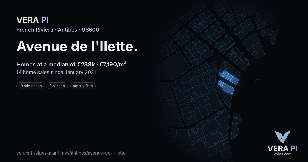 Avenue de l'Ilette, Antibes at night – every parcel coloured by the prices around it, the street's own parcels lit