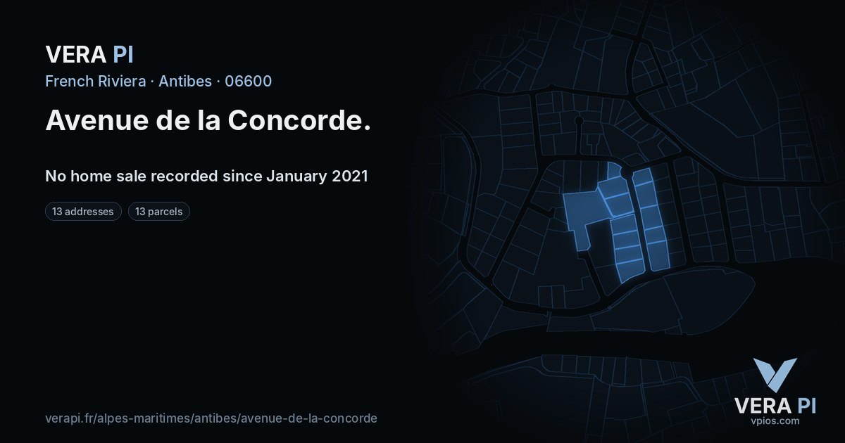 Avenue de la Concorde, Antibes at night – every parcel coloured by the prices around it, the street's own parcels lit