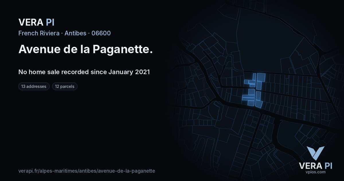 Avenue de la Paganette, Antibes at night – every parcel coloured by the prices around it, the street's own parcels lit