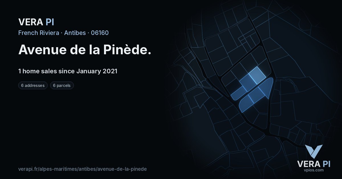 Avenue de la Pinède, Antibes at night – every parcel coloured by the prices around it, the street's own parcels lit