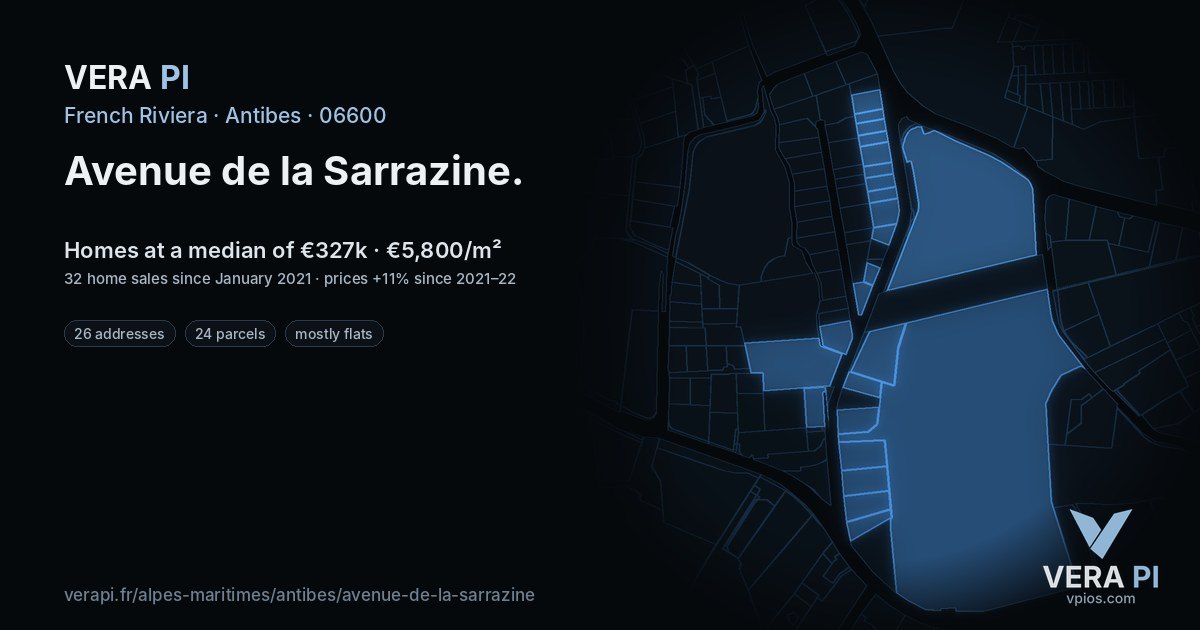 Avenue de la Sarrazine, Antibes at night – every parcel coloured by the prices around it, the street's own parcels lit