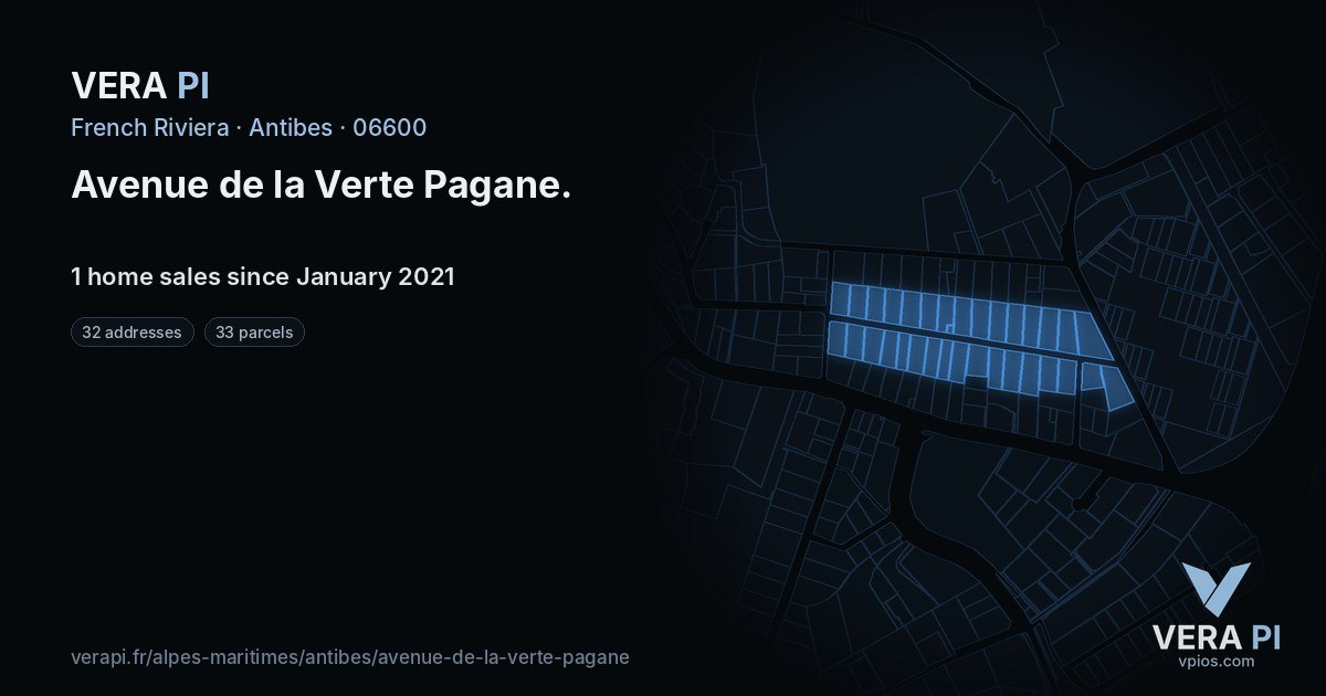 Avenue de la Verte Pagane, Antibes at night – every parcel coloured by the prices around it, the street's own parcels lit