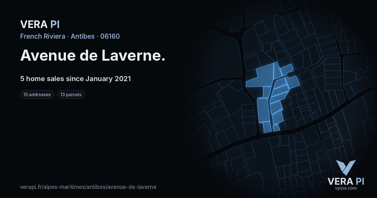 Avenue de Laverne, Antibes at night – every parcel coloured by the prices around it, the street's own parcels lit