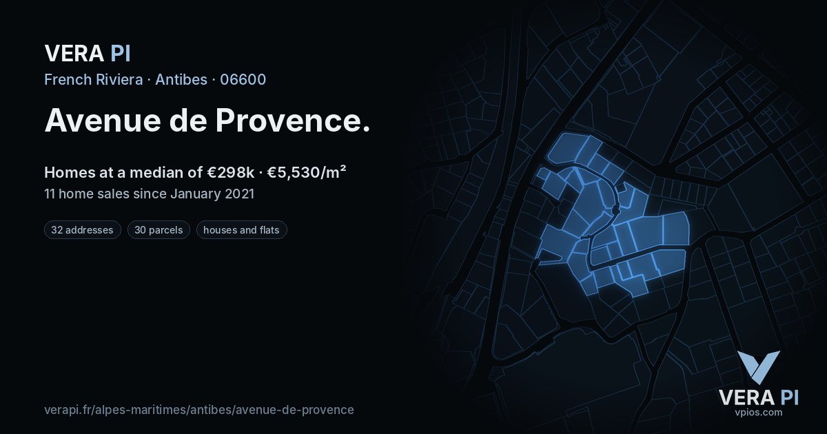Avenue de Provence, Antibes at night – every parcel coloured by the prices around it, the street's own parcels lit