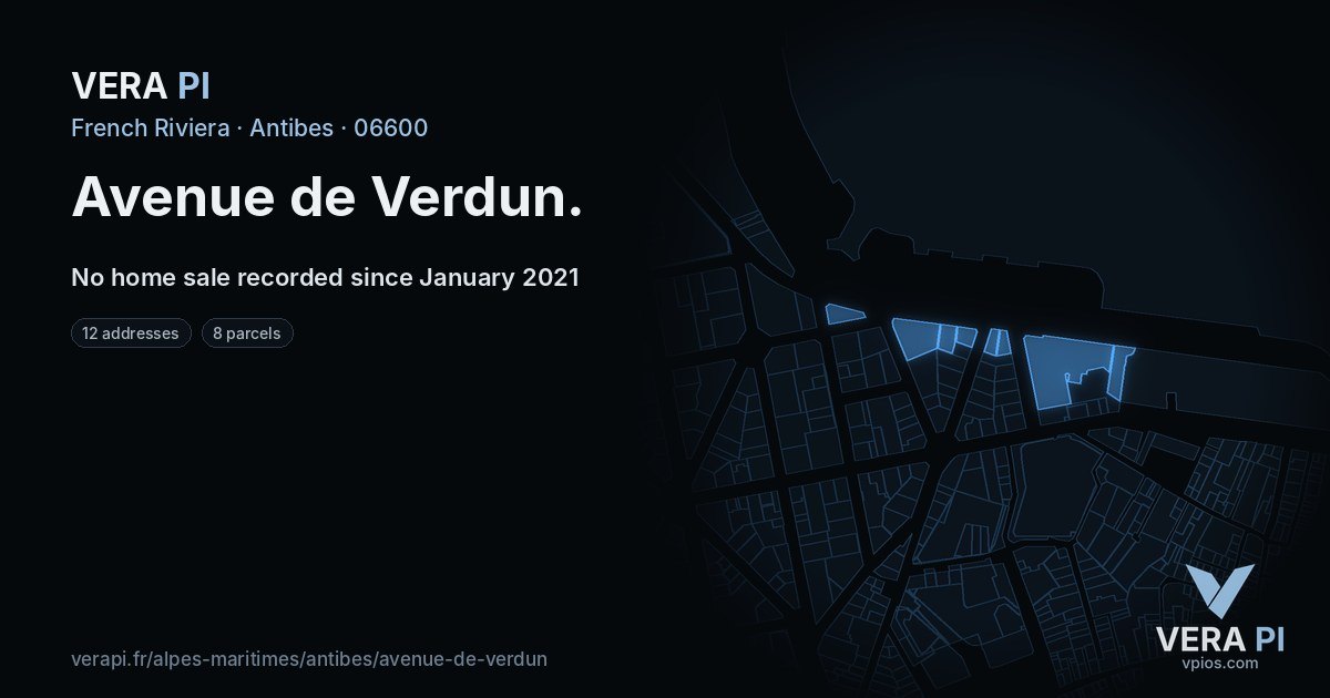 Avenue de Verdun, Antibes at night – every parcel coloured by the prices around it, the street's own parcels lit
