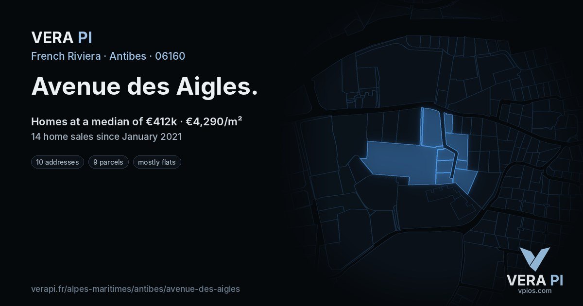 Avenue des Aigles, Antibes at night – every parcel coloured by the prices around it, the street's own parcels lit