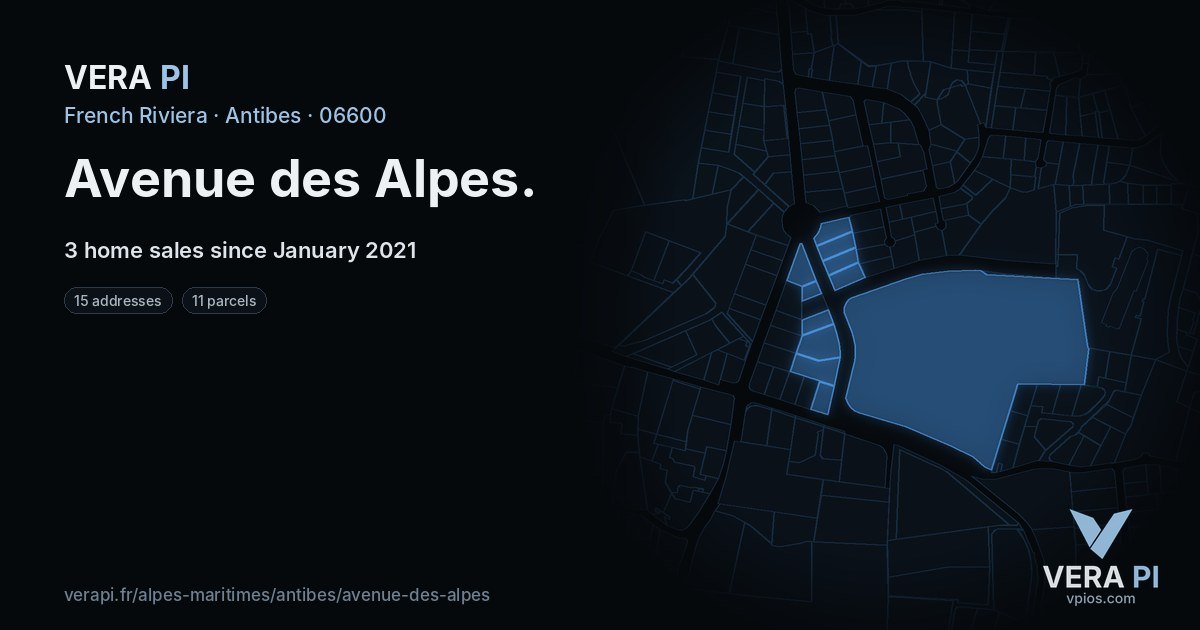 Avenue des Alpes, Antibes at night – every parcel coloured by the prices around it, the street's own parcels lit