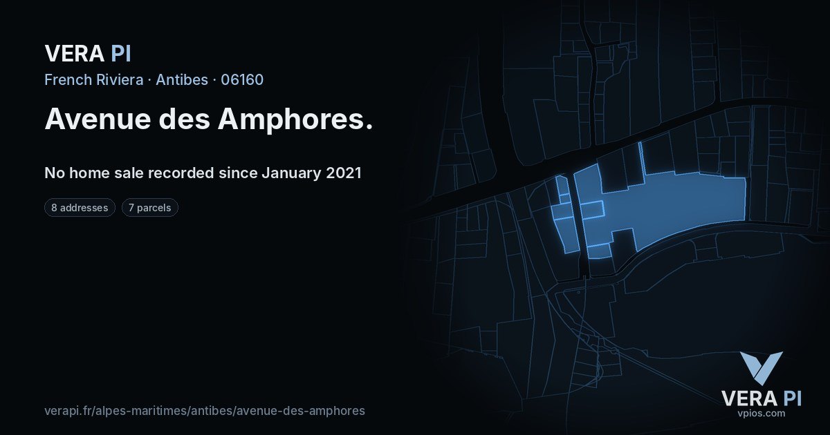 Avenue des Amphores, Antibes at night – every parcel coloured by the prices around it, the street's own parcels lit
