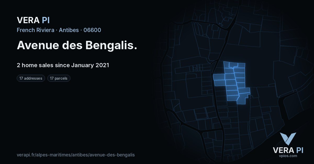 Avenue des Bengalis, Antibes at night – every parcel coloured by the prices around it, the street's own parcels lit