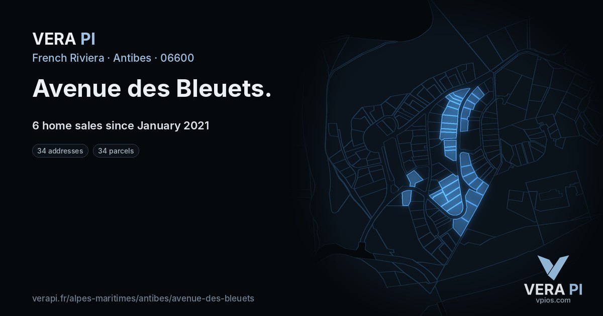 Avenue des Bleuets, Antibes at night – every parcel coloured by the prices around it, the street's own parcels lit