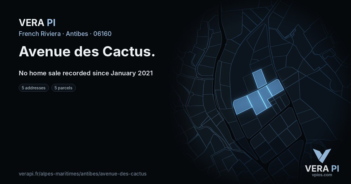 Avenue des Cactus, Antibes at night – every parcel coloured by the prices around it, the street's own parcels lit