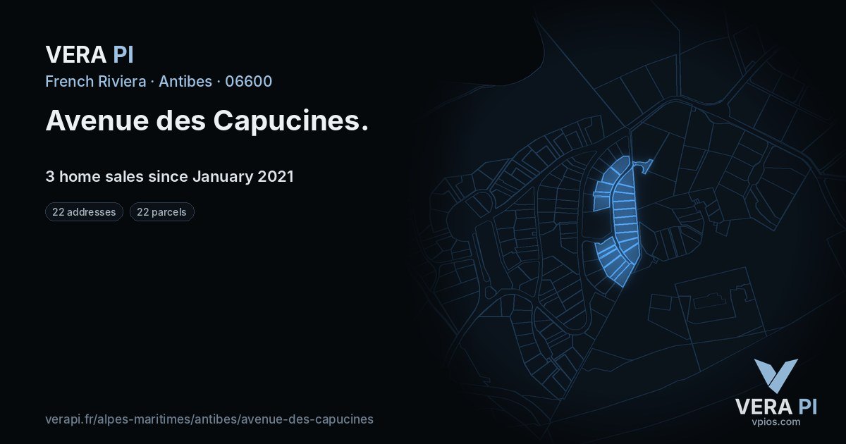Avenue des Capucines, Antibes at night – every parcel coloured by the prices around it, the street's own parcels lit