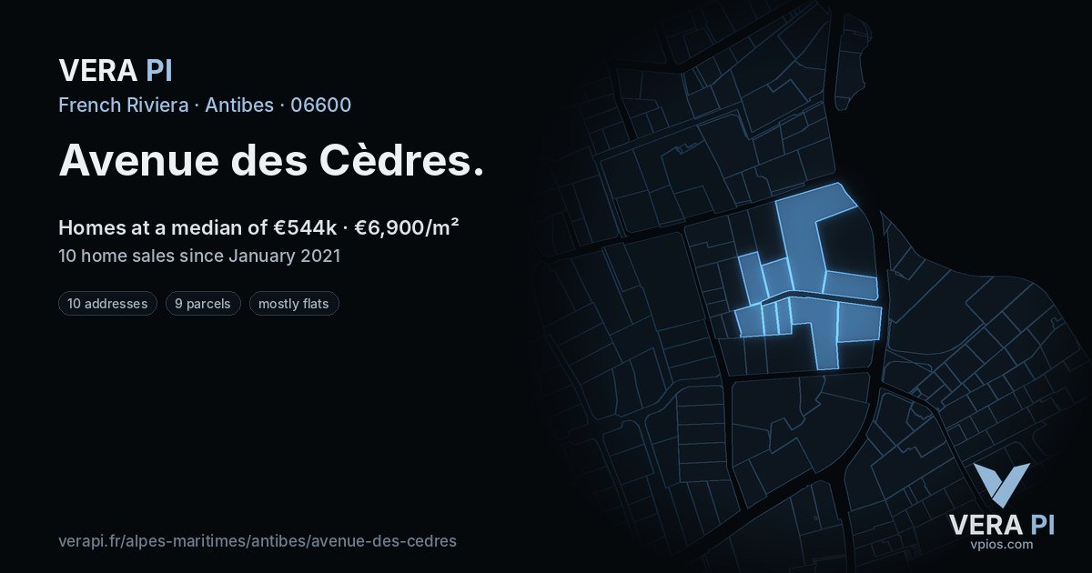 Avenue des Cèdres, Antibes at night – every parcel coloured by the prices around it, the street's own parcels lit