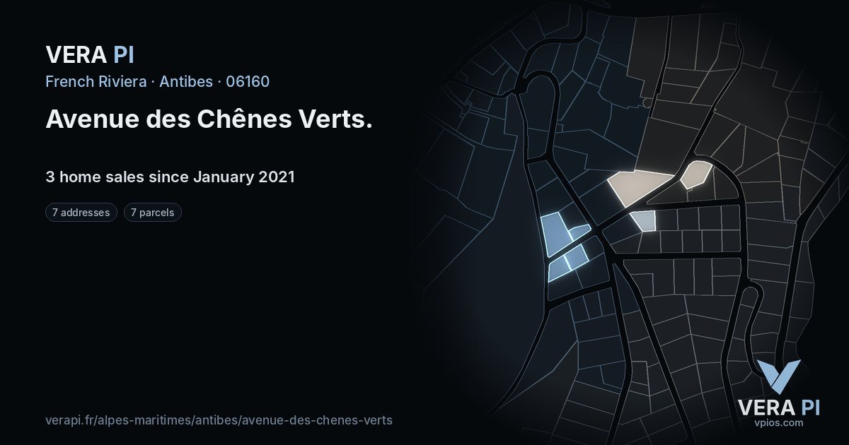 Avenue des Chênes Verts, Antibes at night – every parcel coloured by the prices around it, the street's own parcels lit