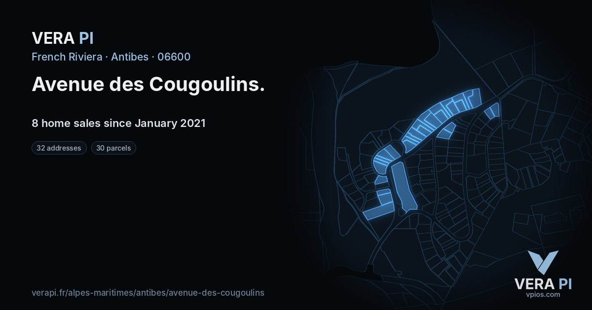 Avenue des Cougoulins, Antibes at night – every parcel coloured by the prices around it, the street's own parcels lit