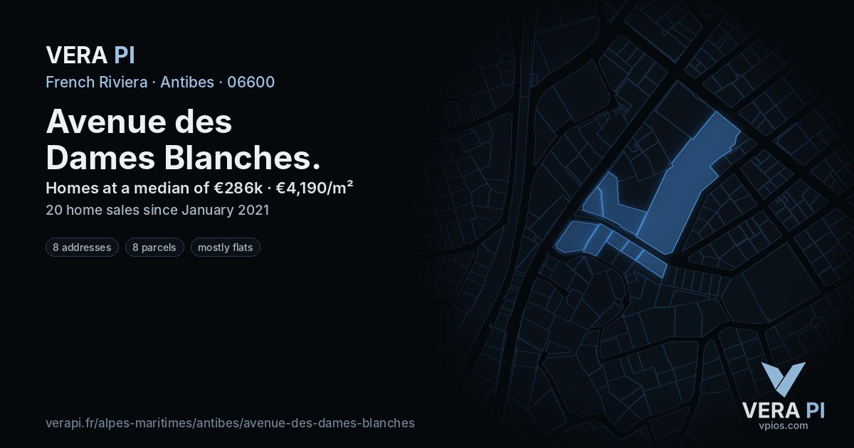 Avenue des Dames Blanches, Antibes at night – every parcel coloured by the prices around it, the street's own parcels lit