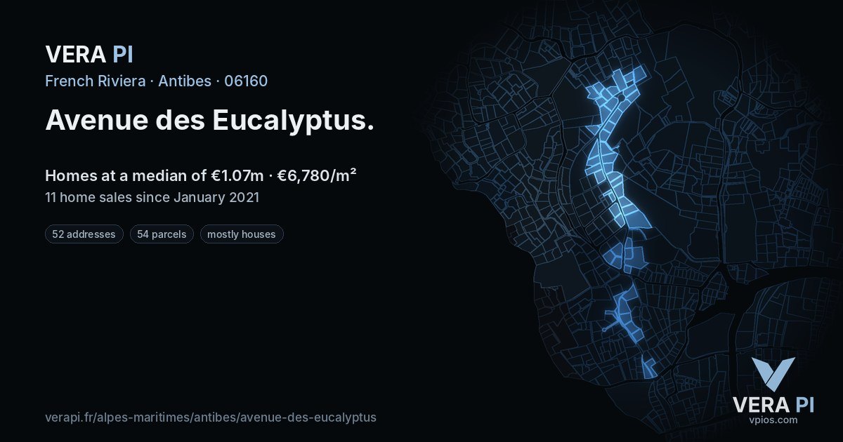 Avenue des Eucalyptus, Antibes at night – every parcel coloured by the prices around it, the street's own parcels lit