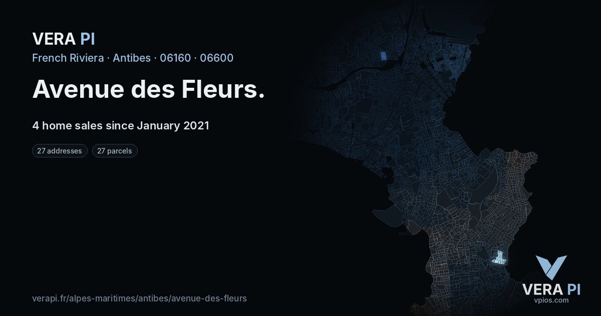 Avenue des Fleurs, Antibes at night – every parcel coloured by the prices around it, the street's own parcels lit