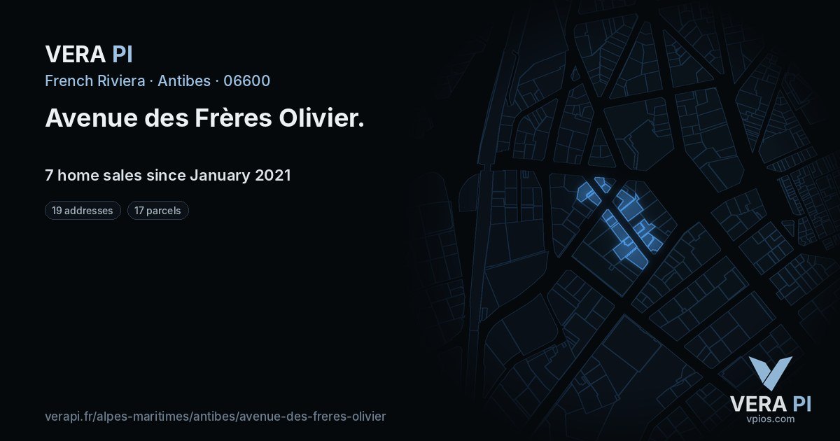 Avenue des Frères Olivier, Antibes at night – every parcel coloured by the prices around it, the street's own parcels lit