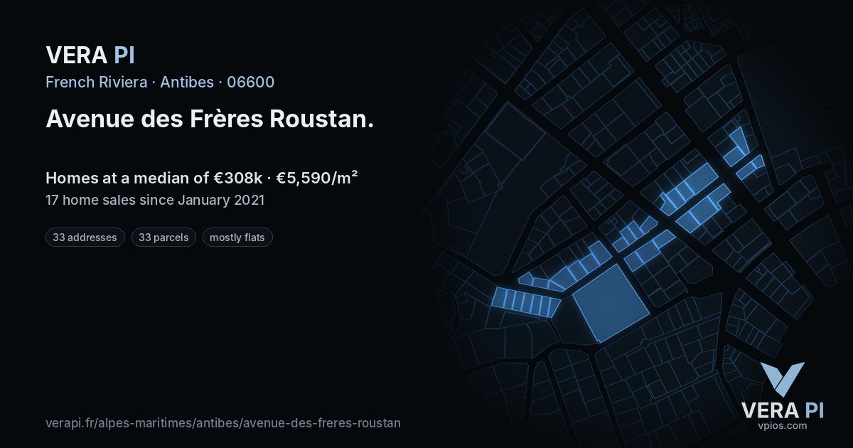 Avenue des Frères Roustan, Antibes at night – every parcel coloured by the prices around it, the street's own parcels lit