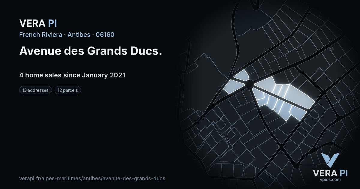 Avenue des Grands Ducs, Antibes at night – every parcel coloured by the prices around it, the street's own parcels lit