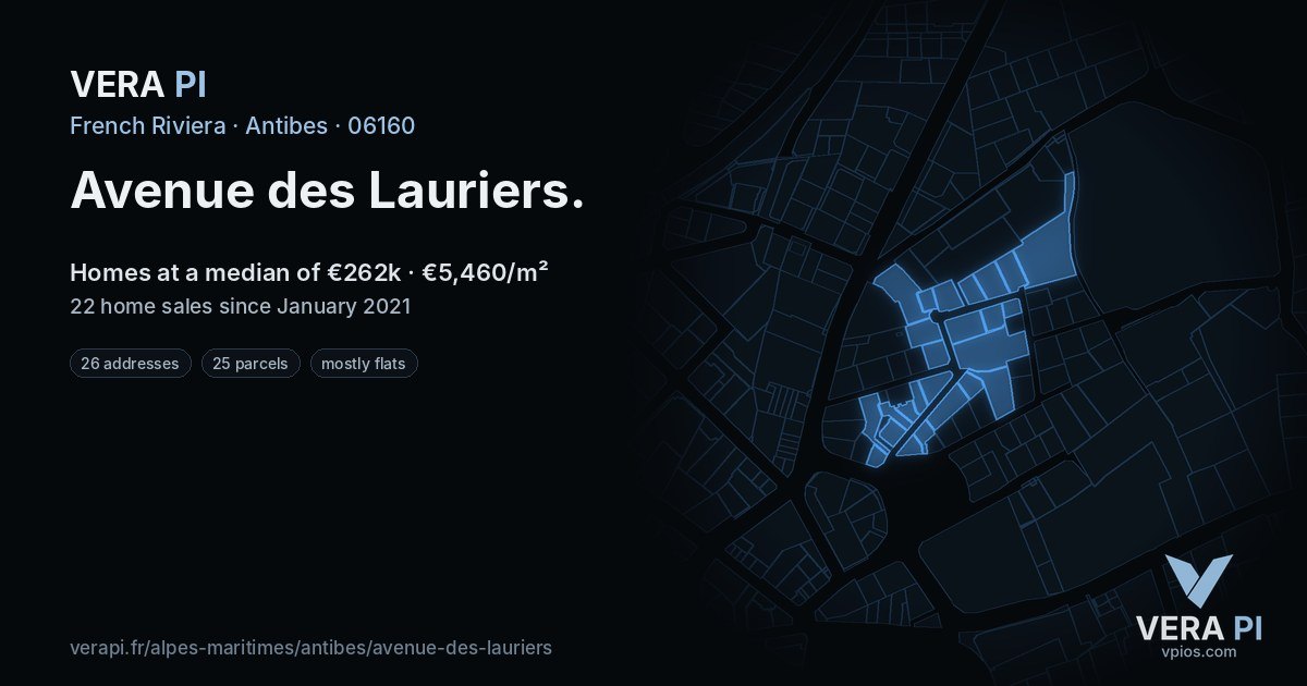 Avenue des Lauriers, Antibes at night – every parcel coloured by the prices around it, the street's own parcels lit