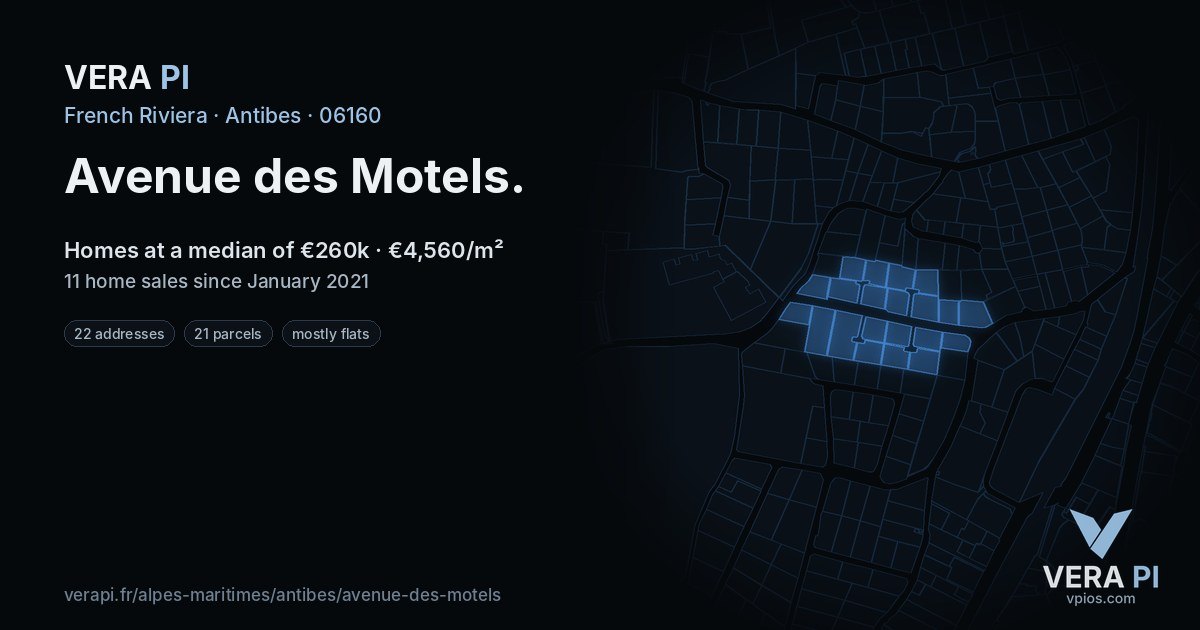 Avenue des Motels, Antibes at night – every parcel coloured by the prices around it, the street's own parcels lit