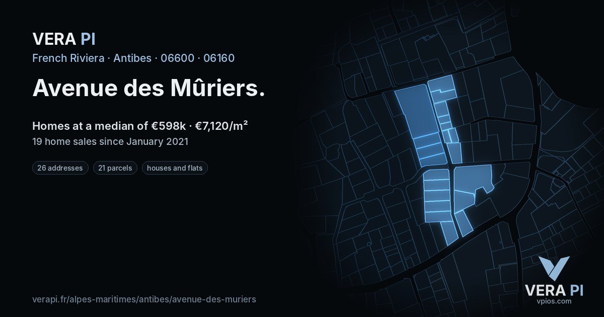 Avenue des Mûriers, Antibes at night – every parcel coloured by the prices around it, the street's own parcels lit