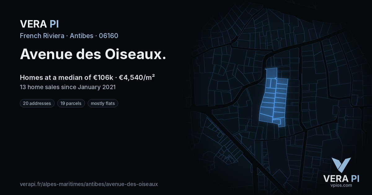 Avenue des Oiseaux, Antibes at night – every parcel coloured by the prices around it, the street's own parcels lit