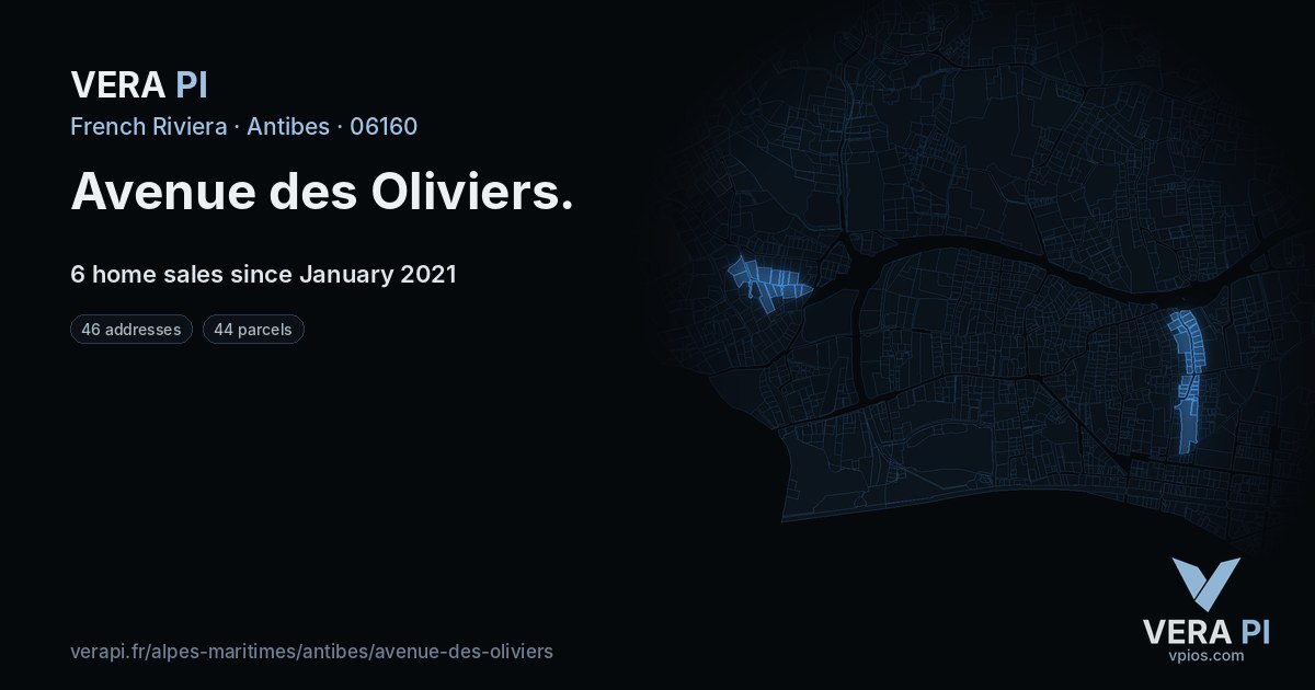 Avenue des Oliviers, Antibes at night – every parcel coloured by the prices around it, the street's own parcels lit