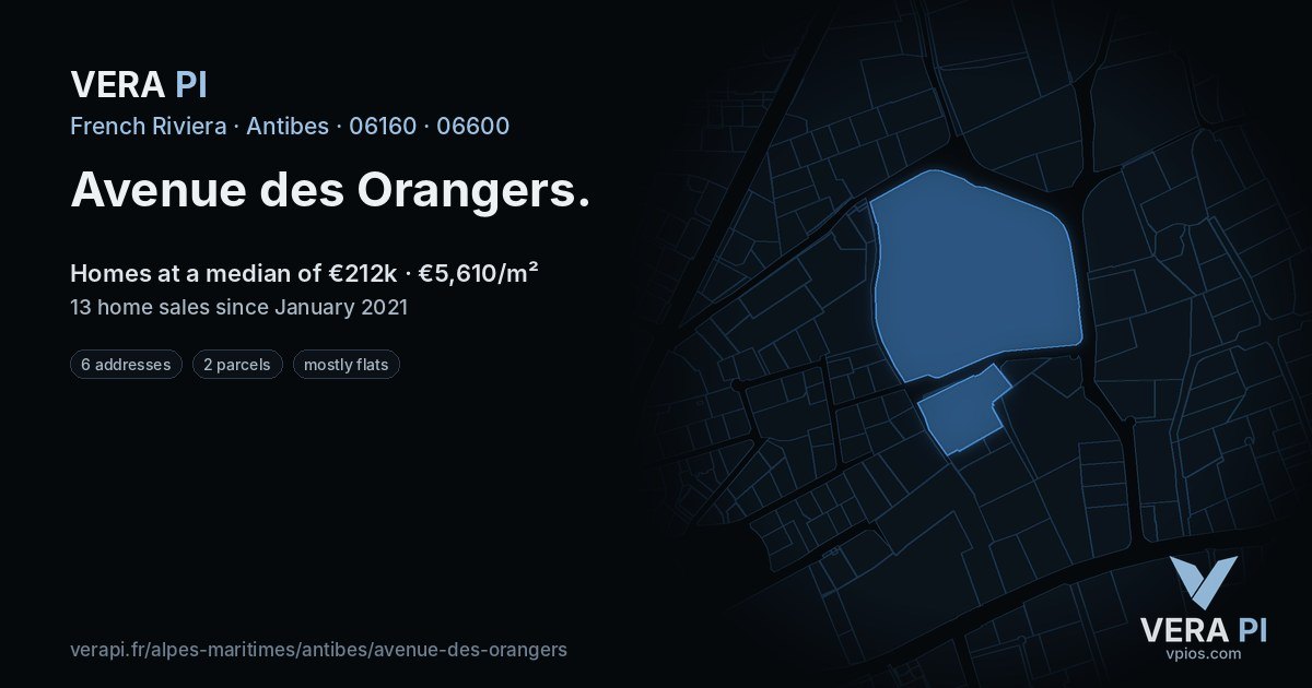 Avenue des Orangers, Antibes at night – every parcel coloured by the prices around it, the street's own parcels lit