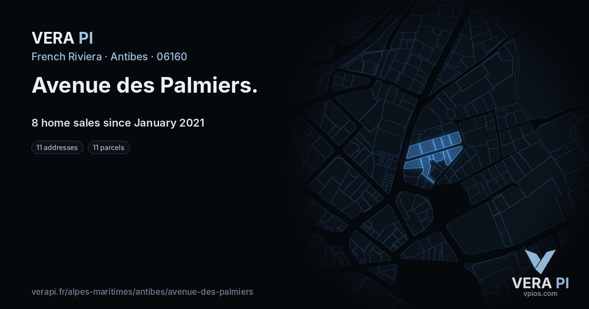 Avenue des Palmiers, Antibes at night – every parcel coloured by the prices around it, the street's own parcels lit