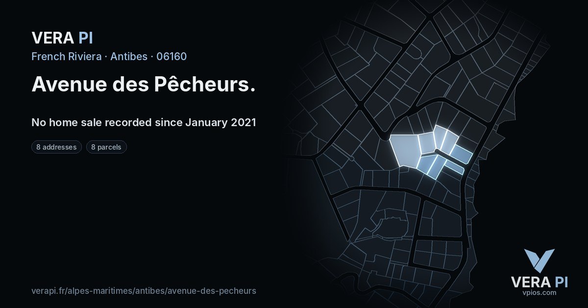 Avenue des Pêcheurs, Antibes at night – every parcel coloured by the prices around it, the street's own parcels lit