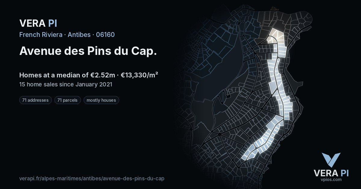 Avenue des Pins du Cap, Antibes at night – every parcel coloured by the prices around it, the street's own parcels lit