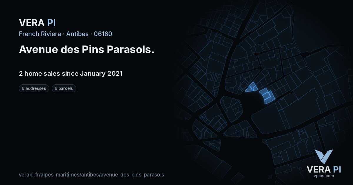 Avenue des Pins Parasols, Antibes at night – every parcel coloured by the prices around it, the street's own parcels lit