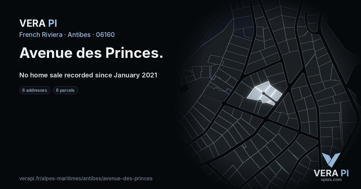 Avenue des Princes, Antibes at night – every parcel coloured by the prices around it, the street's own parcels lit